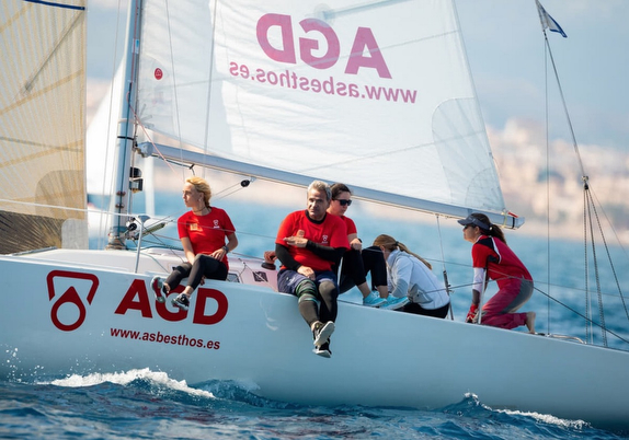 Sailboat crew racing on the water.