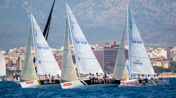 Sailboats racing near the coastline cityscape.