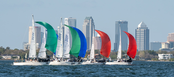 Sailboats racing with city skyline backdrop.
