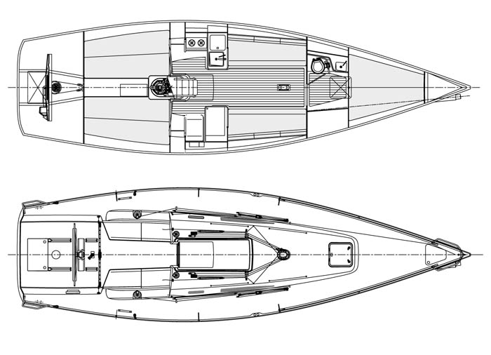 Sailboat deck and cabin layout diagram.