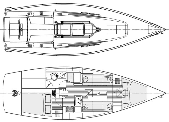 Sailboat deck and interior layout plan.