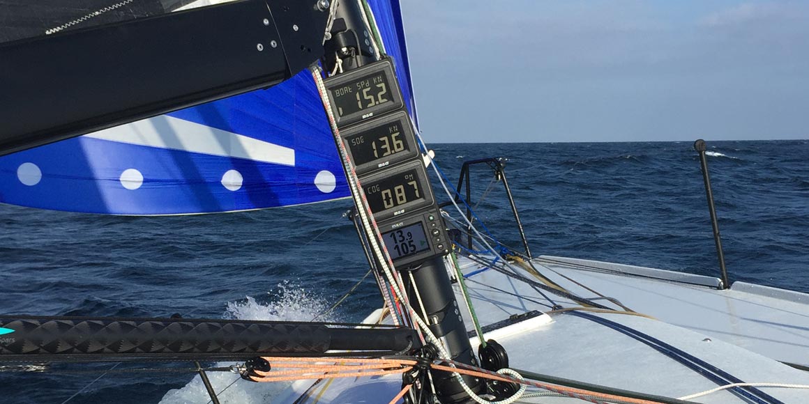 Sailboat speed and performance instruments on a sunny day at sea.