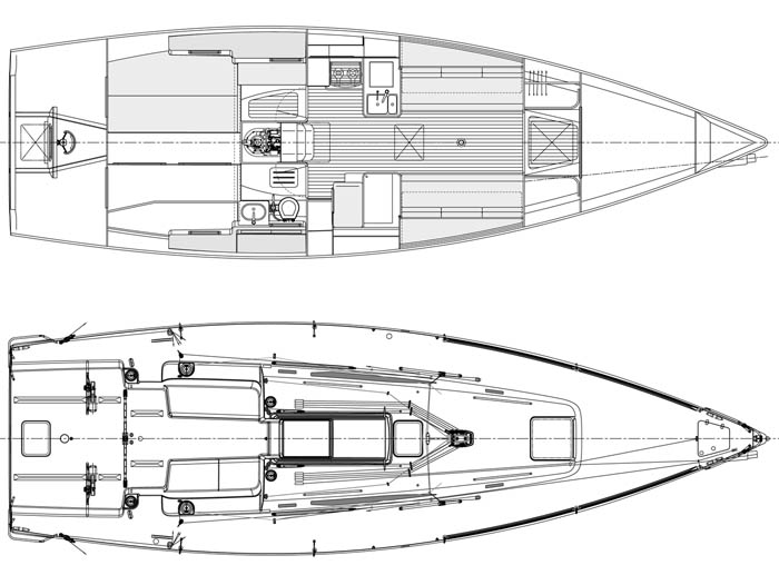 Sailboat interior and deck layout blueprint.