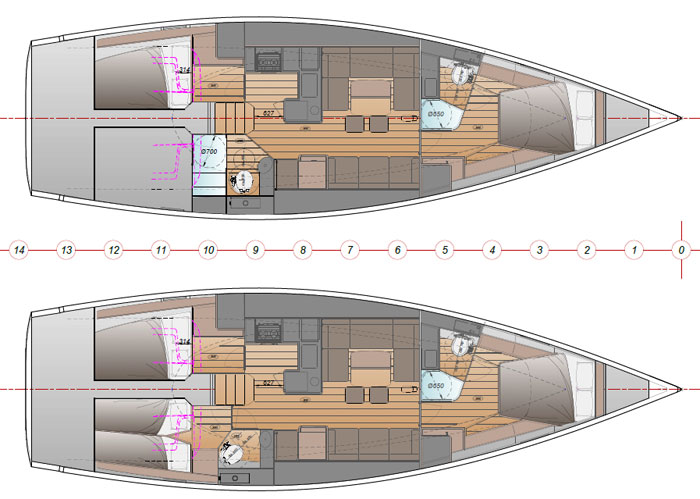 Sailboat interior layout with two cabins.