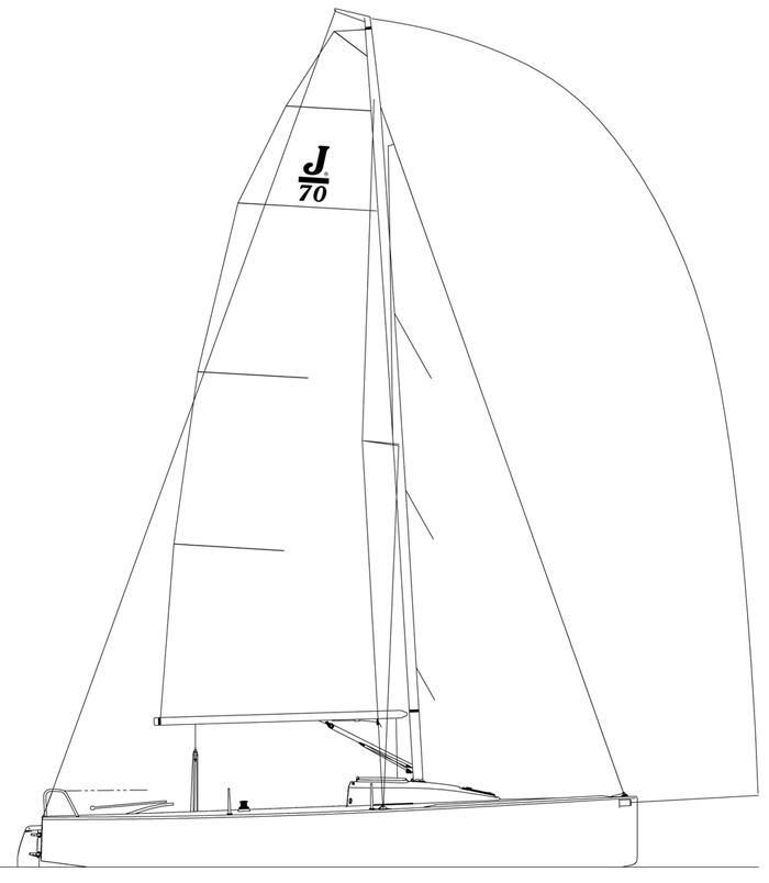 Detailed line drawing of a sailing yacht with sails raised.