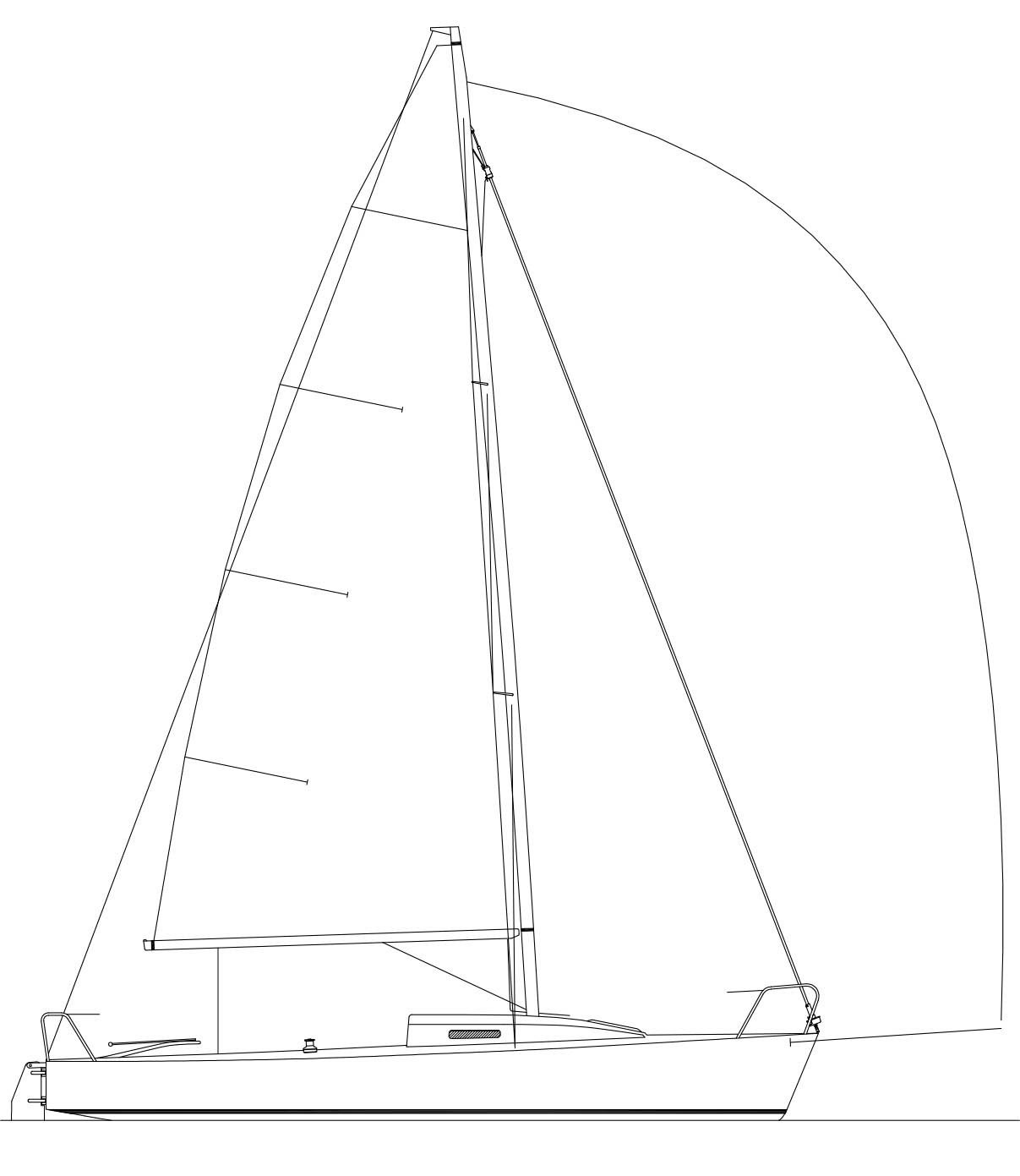 Line drawing of a sailboat profile.