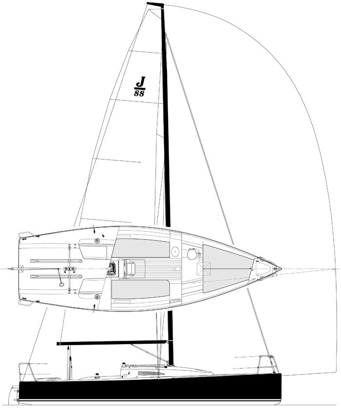 Sailboat schematic with sails and hull details.