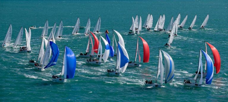 Sailboats with colorful spinnakers racing on the ocean.