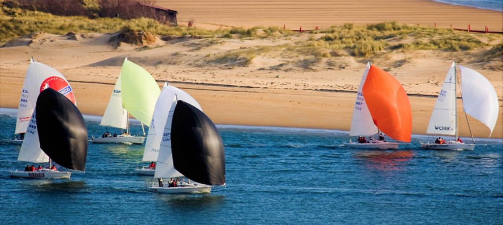 Sailboats racing on blue water near a sandy shore.