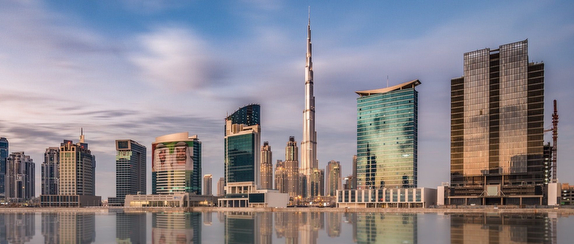 Skyline with modern skyscrapers and reflections.