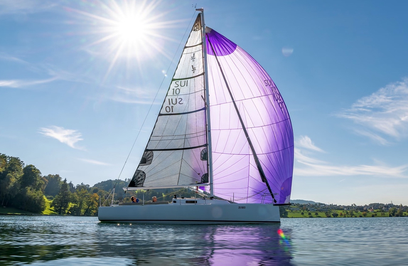 Sailboat with purple sail on sunny lake.