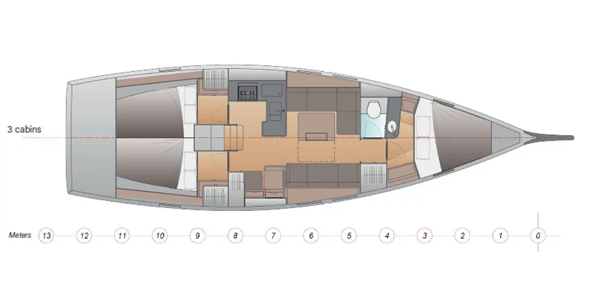 Interior layout plan of a yacht or sailboat showing cabins and facilities.