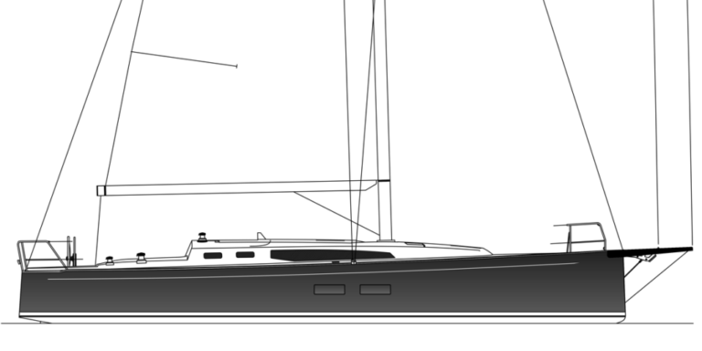 Sailboat side profile line drawing.