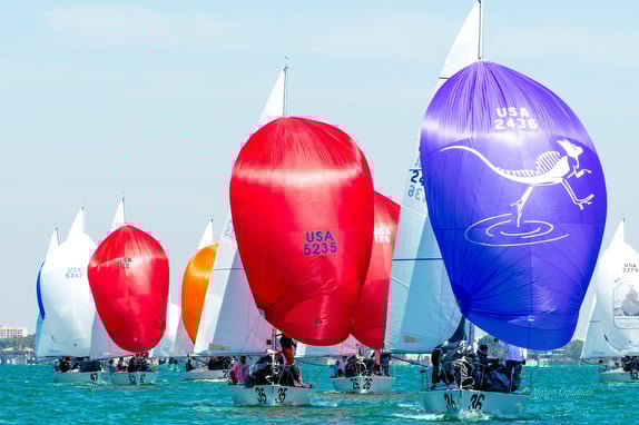 Sailboats with colorful spinnakers on water.