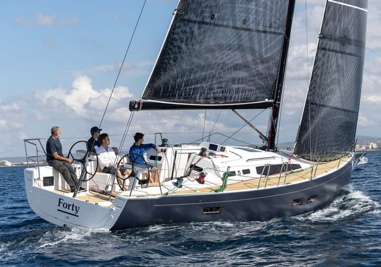 Sailors navigating a sleek sailboat on a sunny day with clear skies.