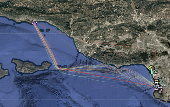 Map showing colorful maritime navigation routes.
