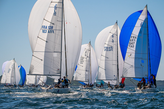 Sailboats racing with colorful spinnakers deployed.