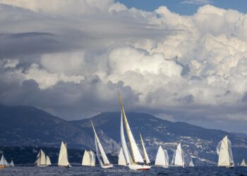 Sailboats racing on a bright day with dramatic clouds overhead.