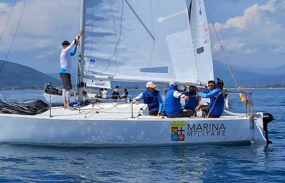 J/24 sailing off Carrara, Italy on the Mediterranean.