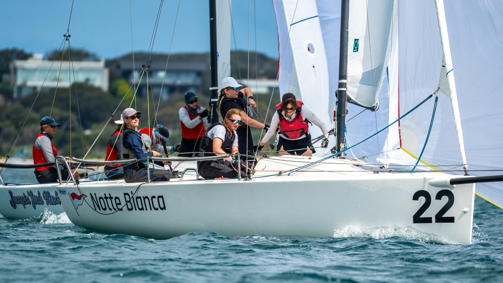 Women J/70 sailors racing off Hamburg, Germany