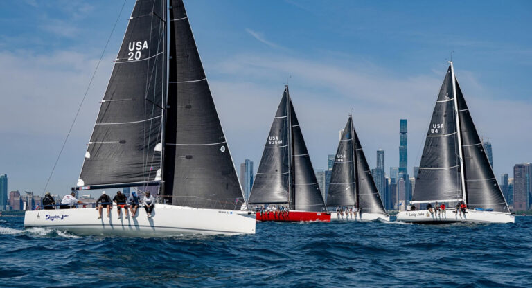 Black-sailed racing yachts near city skyline