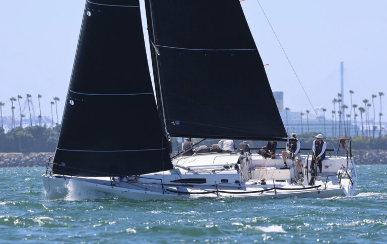 Sailboat with black sails near palm lined coast